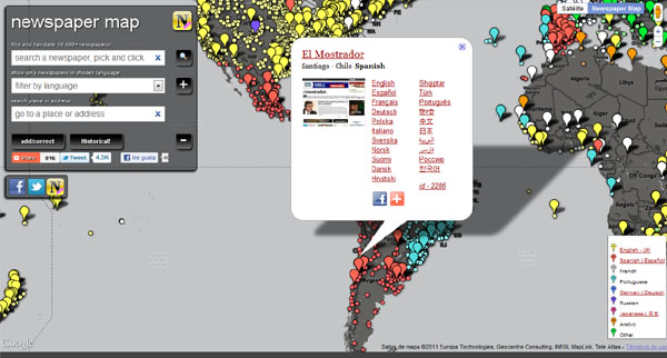 The Newspaper Map Los periódicos y medios chilenos también están en esta cartografía mediática | Captura: Newspapermap.com