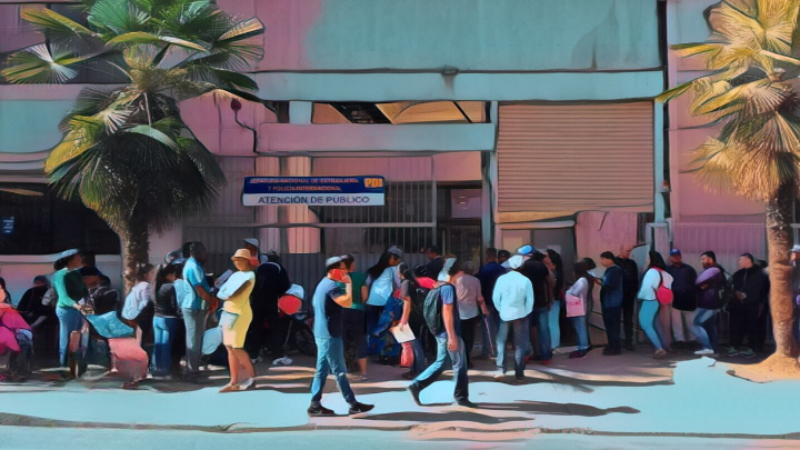 La oficinas de Extranjería de la PDI suelen llenarse con largas filas de migrantes irregulares que acuden a firmar. (FOTO: ilustración generada por IA a partir de fotografía original publicada por Eltiempo.com)