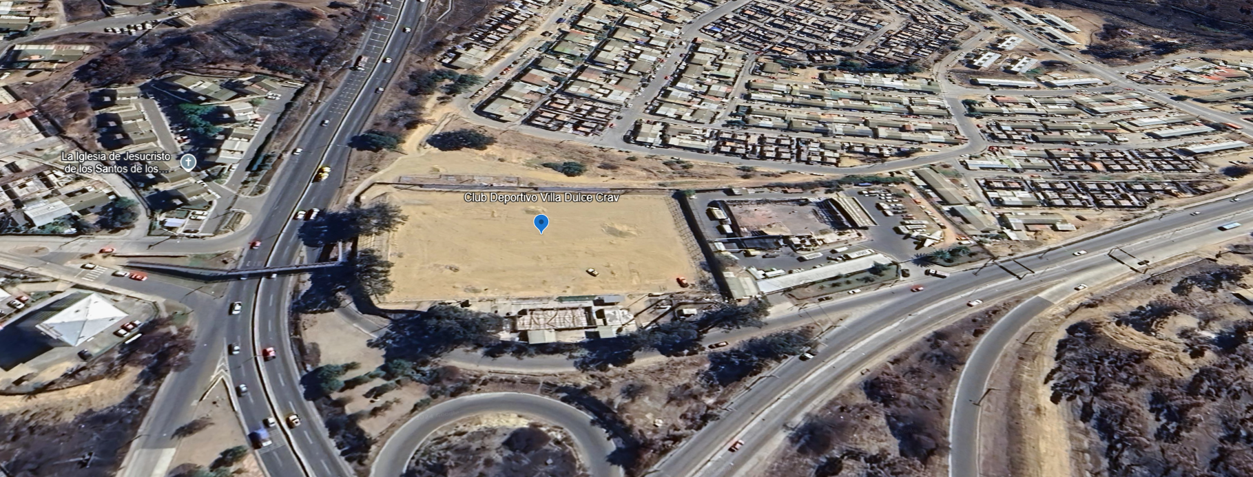 Imagen satelital que muestra el estado actual del estadio del CD Villa Dulce Crav, tras ser consumido por las llamas.